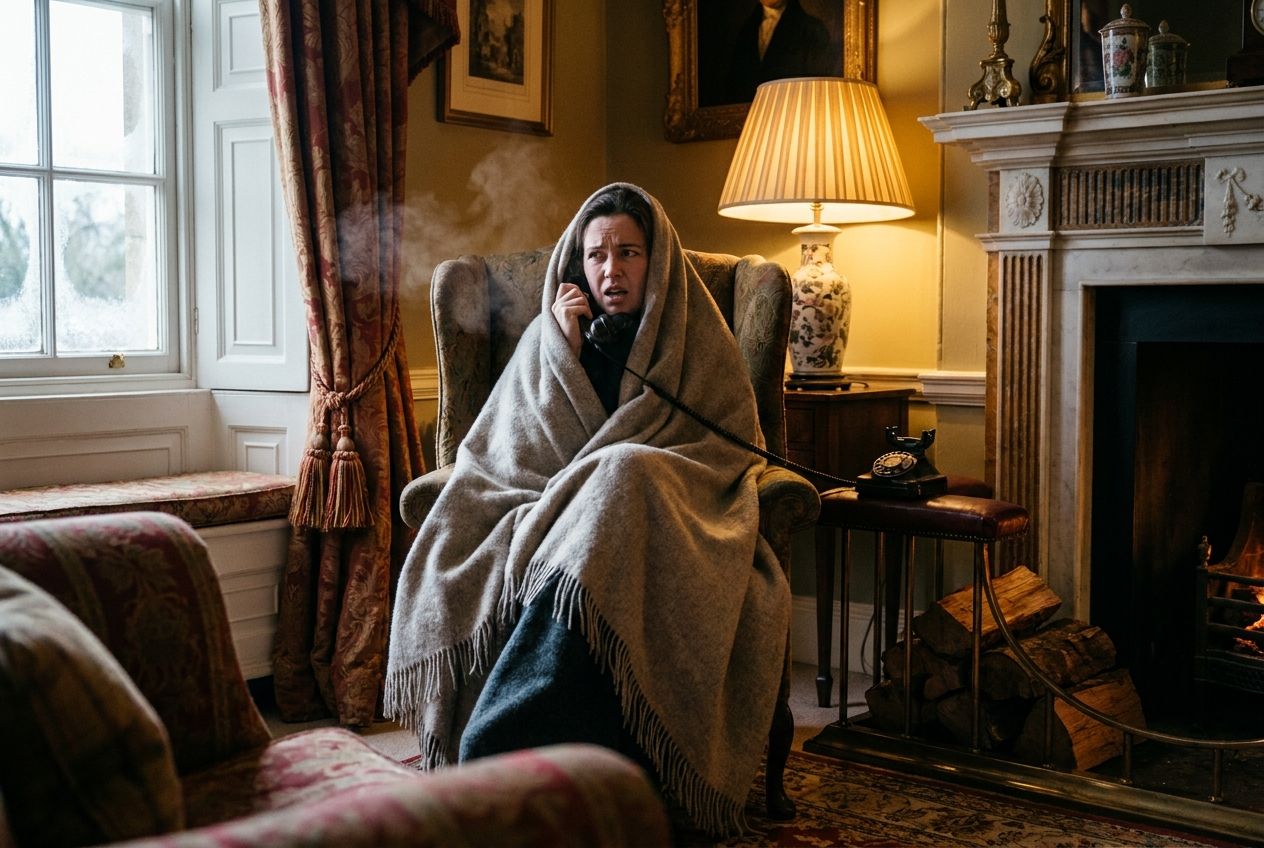 A guest wrapped in a luxurious blanket holds an old-fashioned hotel room phone to their ear with a slightly exasperated expression, in a beautifully decorated, classic British hotel room with elegant furnishings and warm lighting. The scene is a dramatic, high-quality photograph composed for a 3:2 landscape frame, subtly hinting at a hidden chill or inconvenience.