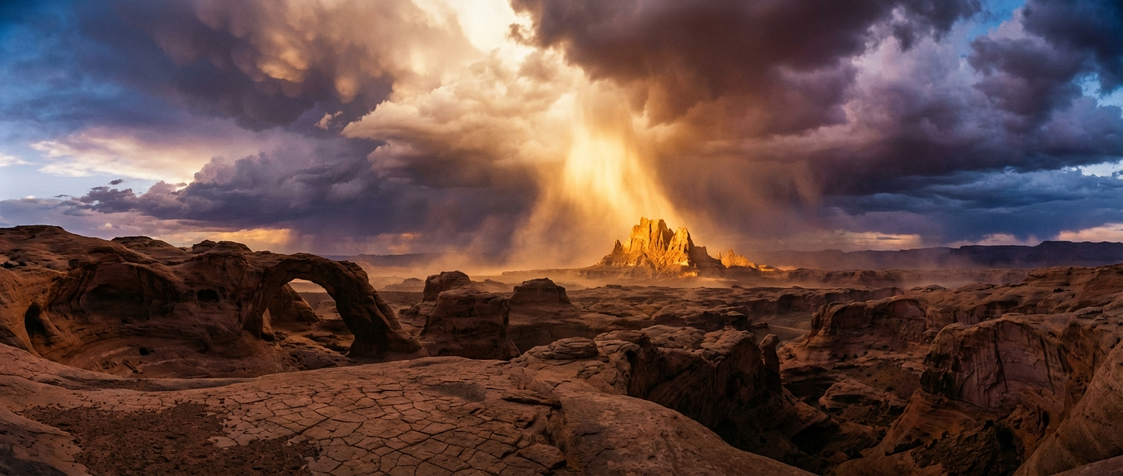 A dramatic wide-angle photograph of a vast, ancient desert landscape at dusk. A powerful, ethereal shaft of golden light breaks through dramatic storm clouds, illuminating a distant rock formation on the horizon, evoking a sense of profound awe and revelation.