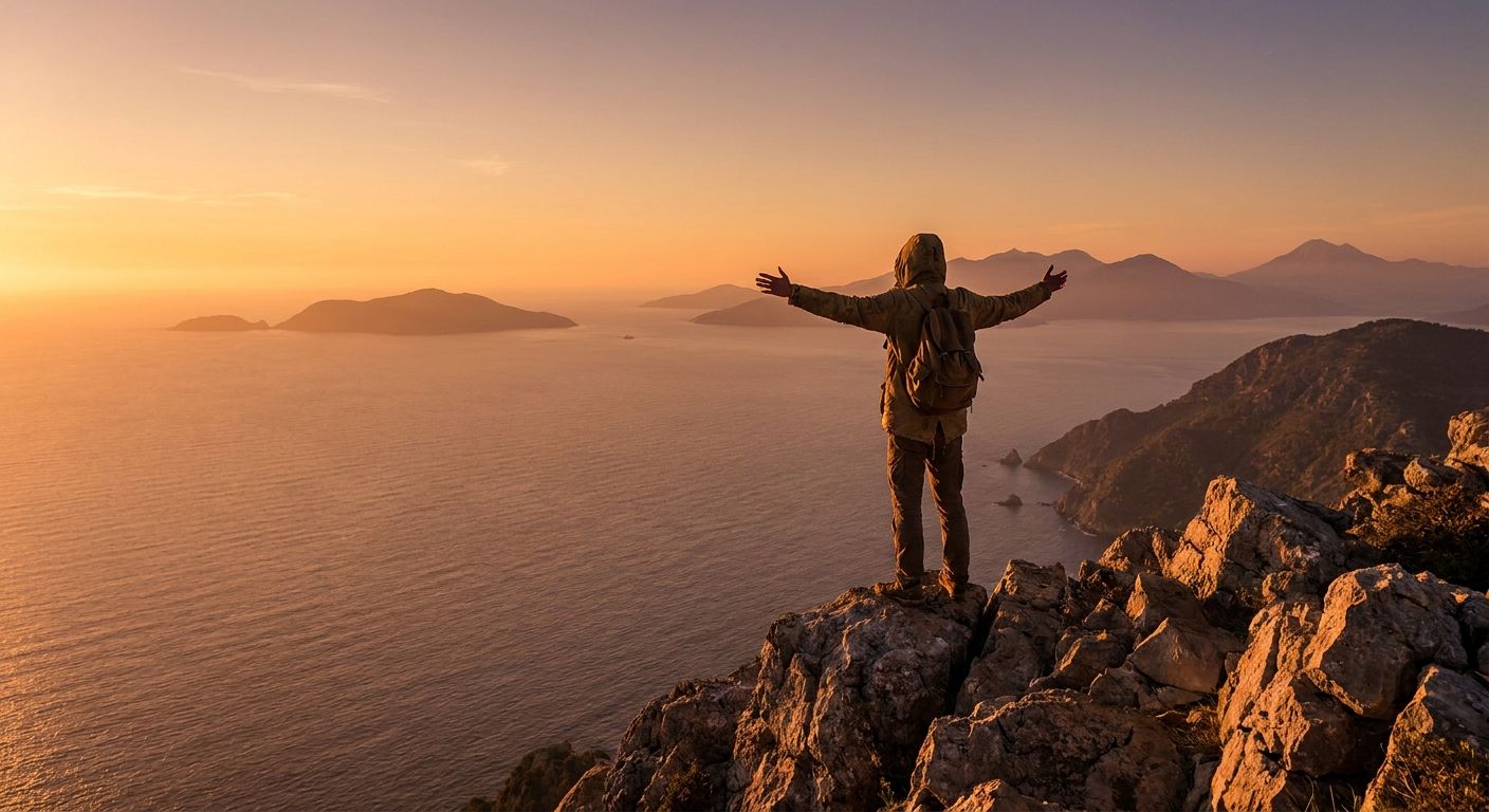 A person stands on a dramatic cliff edge, looking out over a vast, breathtaking ocean vista with distant mountains, bathed in the warm, golden light of a setting sun. The scene evokes a sense of deep longing and aspiration for freedom and new possibilities, captured in a vivid, high-resolution photograph.