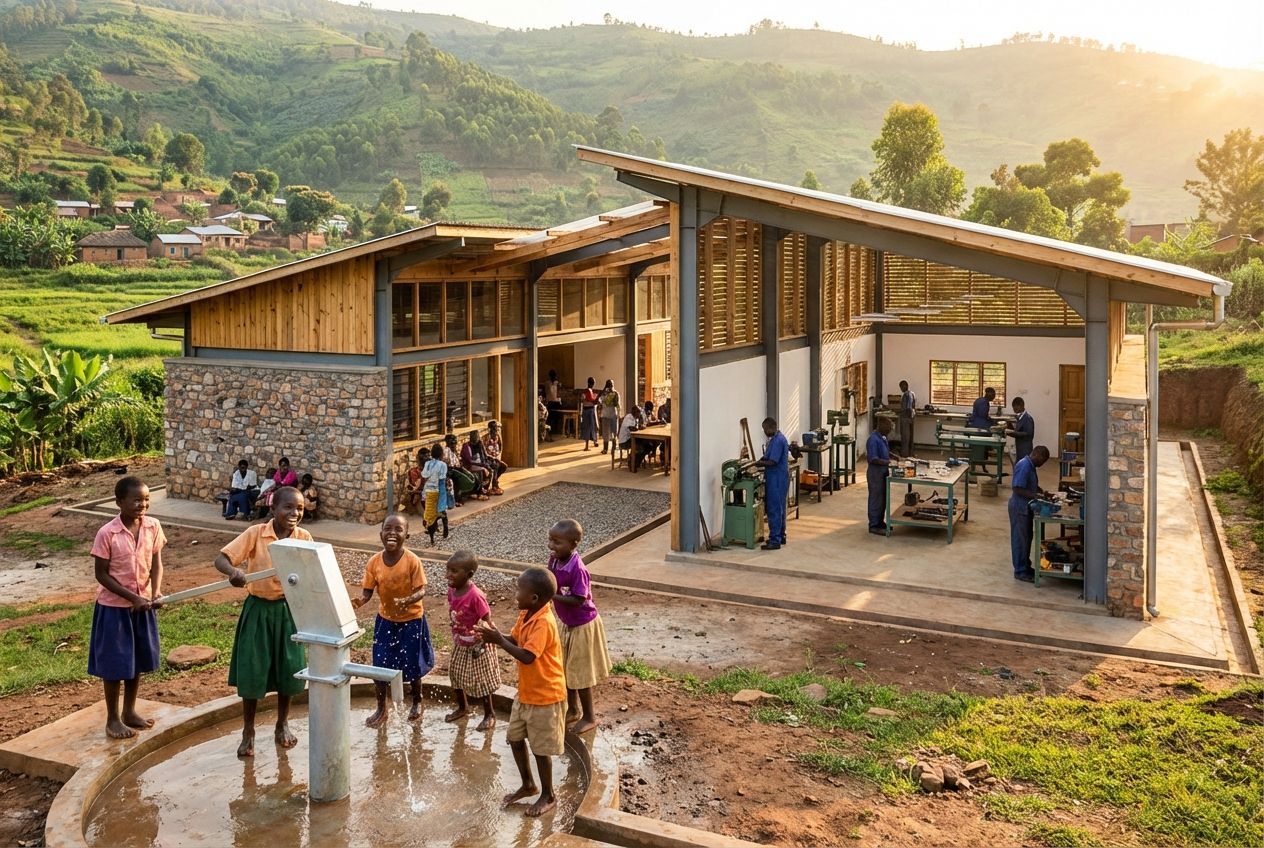 A wide-angle, vibrant photograph captures a newly built, modern community center or small factory bustling with local people in a developing region. Children play joyfully near a new water pump, while adults engage in productive work in a clean workshop, all set against a backdrop of lush green hills. The scene is bathed in warm, golden hour sunlight, conveying progress, opportunity, and improved quality of life in a 3:2 landscape frame.