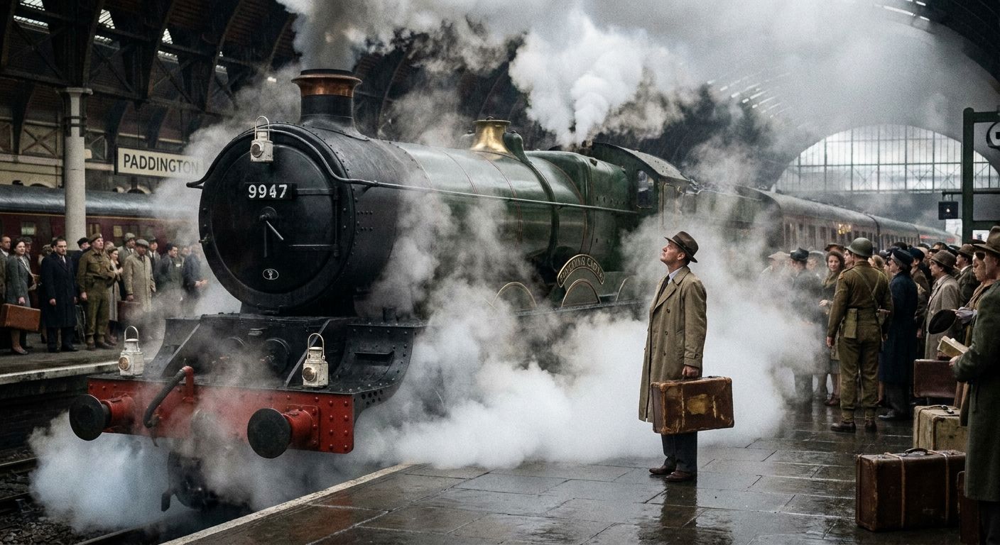 A dramatic, cinematic photograph of a powerful, vintage British steam train *just* pulling into a bustling train station platform, steam billowing around it. A lone passenger stands on the platform, looking towards the arriving train with a sense of anticipation, capturing the essence of recent events and expectations.