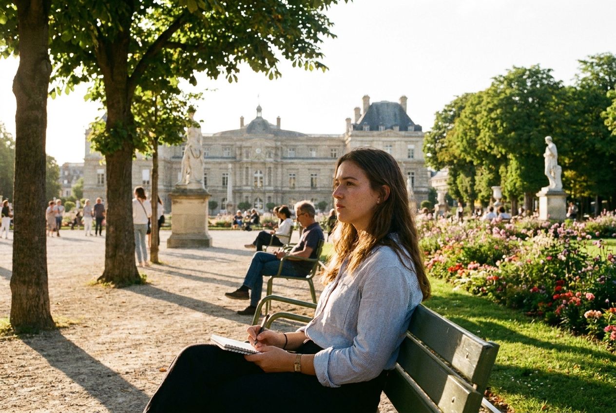 A wide, sun-drenched photograph of a young woman sitting alone on a bench in a beautiful Parisian park, like the Jardin du Luxembourg, with a thoughtful and expressive look as she observes the charming surroundings, as if mentally forming words to describe the scene. The lush greenery and classic architecture fill the 3:2 landscape frame.