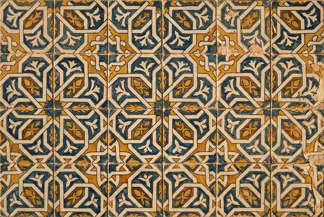 An extreme close-up, dramatic photograph of antique Spanish azulejo tiles, showcasing their intricate, repetitive geometric patterns interlocking perfectly on an ancient wall. The textures are rich, with subtle imperfections, illuminated by a warm, raking light that emphasizes the precise, structured connection between each tile, composed for a 3:2 landscape frame.