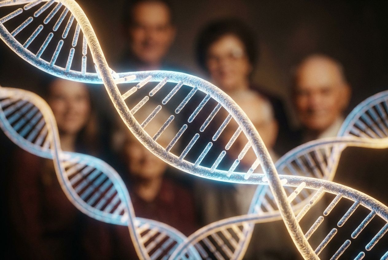 A close-up photograph of a pair of intertwined DNA strands, subtly glowing with a double helix structure, set against a soft, blurred background of a family portrait. The lighting emphasizes the intricate details of the DNA while conveying a sense of connection and inheritance.