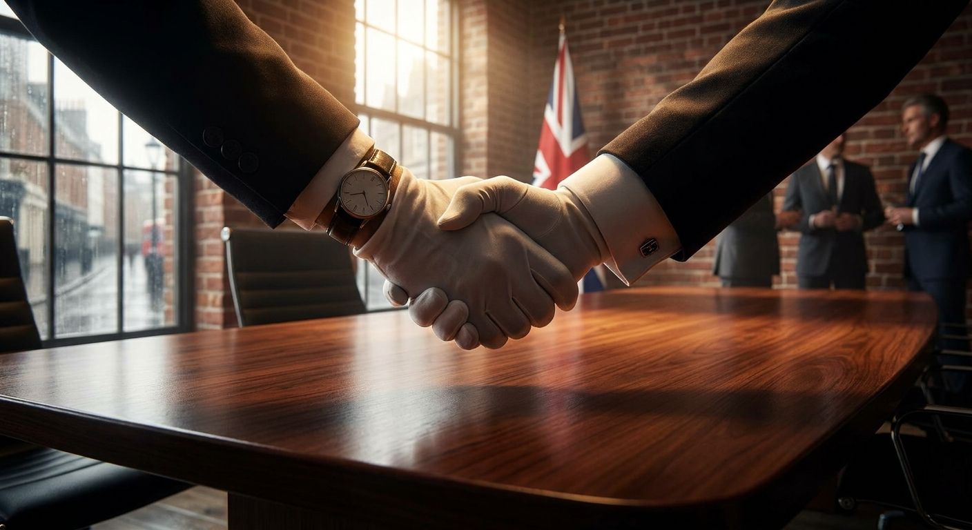 A close-up, low-angle photograph capturing two hands, one from each side, firmly clasped in a handshake across a polished conference table. The focus is sharply on the hands, conveying mutual agreement and the successful resolution of a negotiation, with a subtly blurred background hinting at a modern, professional British office setting. Dramatic lighting highlights the connection between the hands.