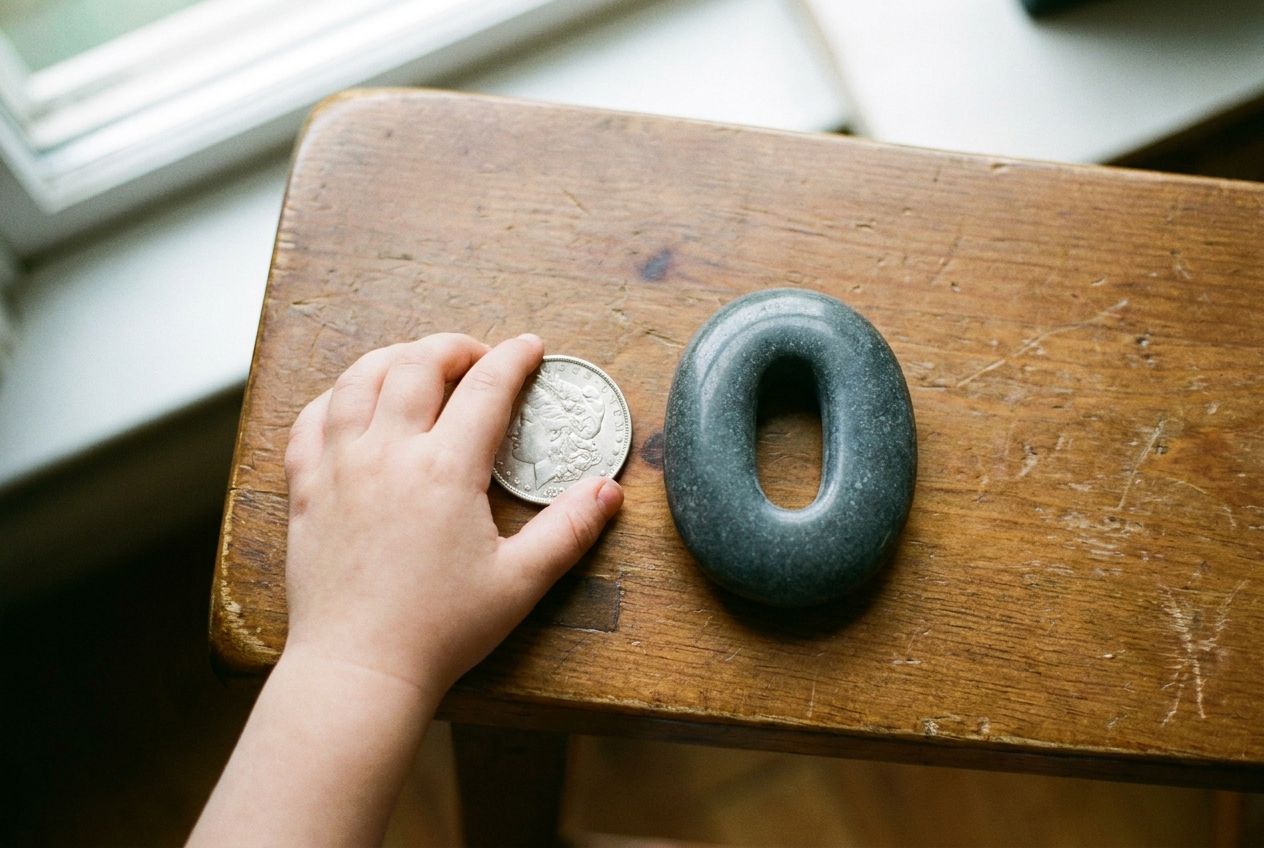 A close-up, top-down photograph captures a child's hand gently holding a single, shiny, vintage coin. Next to the coin, a perfectly smooth, polished, dark grey river stone shaped like a '0' is carefully placed, emphasizing the concept of 'adding a zero' to increase value. The scene is bathed in soft, natural light, composed for a 3:2 landscape.