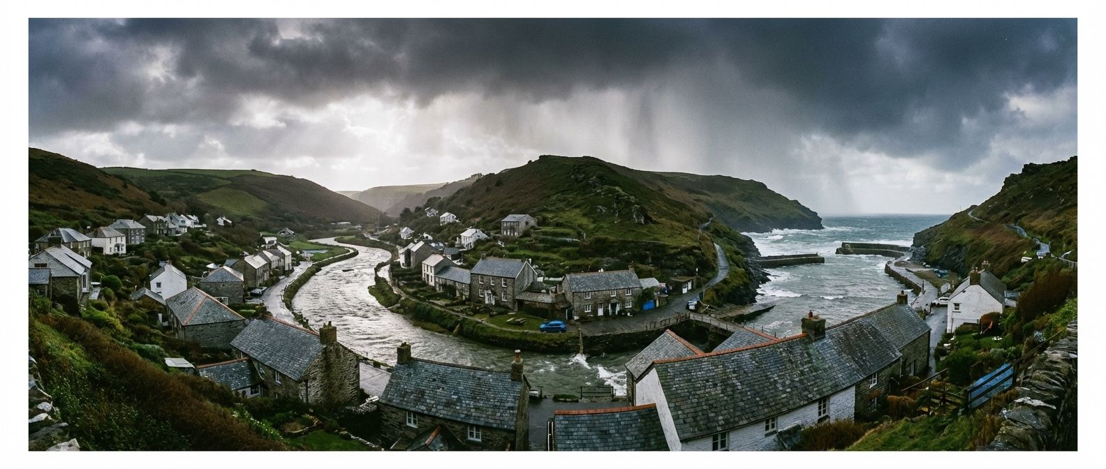 A wide-angle, dramatic photograph of the picturesque village of Boscastle in Cornwall, UK, nestled in a valley with its river winding through stone cottages towards the sea. The sky is moody and overcast, hinting at recent or impending heavy rainfall, yet the scene retains a rugged beauty.
