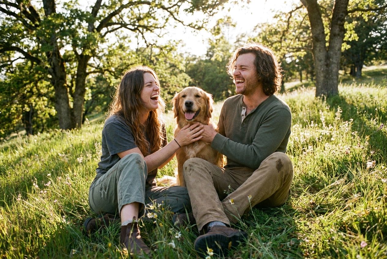 A candid, warm photograph of two people, perhaps friends or a couple, sharing a genuine, joyful moment of connection and trust in a vibrant, sunlit outdoor setting. Their natural expressions convey deep companionship and positive emotions, composed for a 3:2 landscape frame.