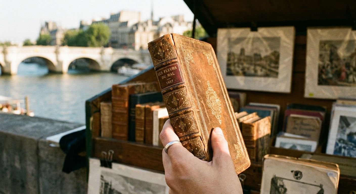 A vivid, close-up photograph capturing a person's hand gently picking up an ornate, antique French book from a display at a bouquiniste stall along the Seine in Paris. The background is softly blurred, showing other unique books and the iconic Parisian cityscape under warm, natural light.