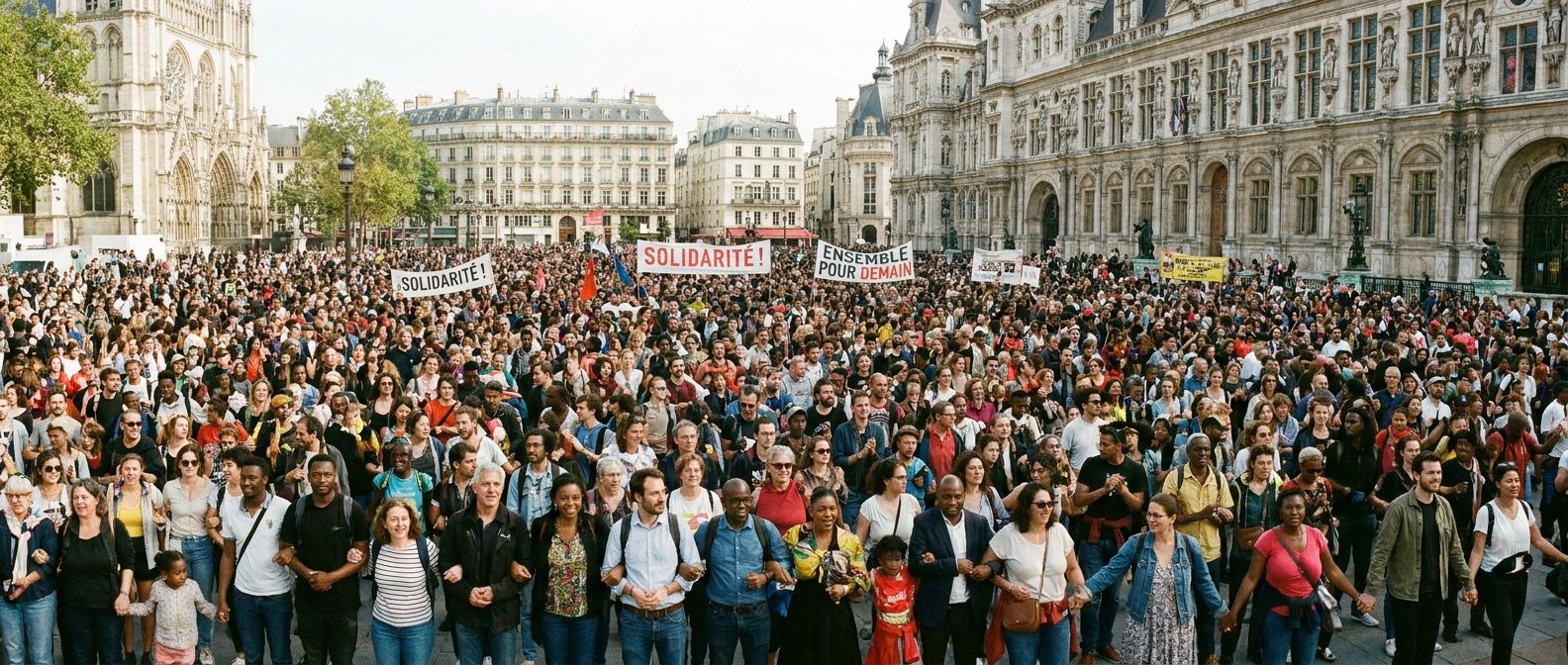 A wide-angle, vivid photograph of a diverse crowd of people gathered in a historic public square in France, many linking arms or holding hands, conveying a strong sense of solidarity and collective action. The scene is bathed in natural daylight, with ornate French architecture forming a grand backdrop to the vibrant community assembly.