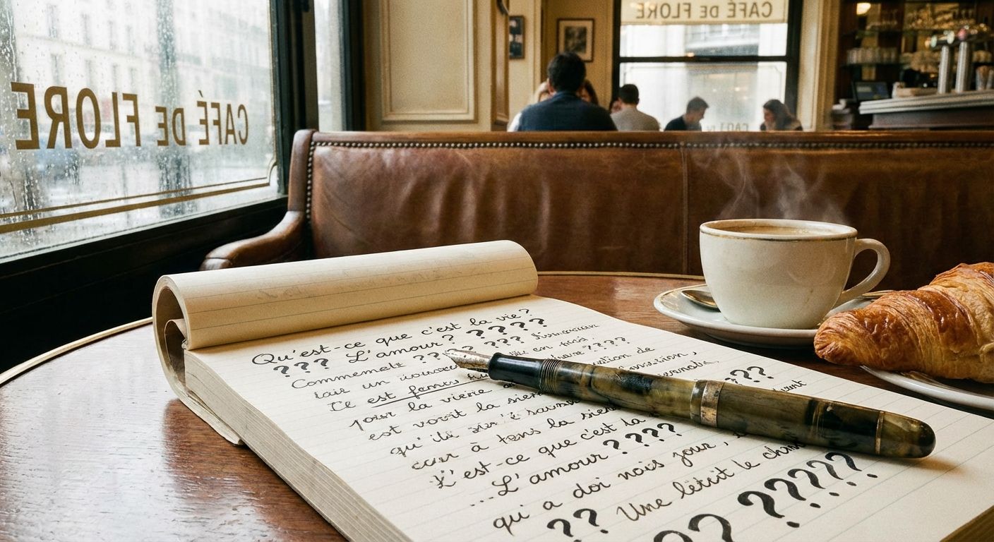 This image evokes a cozy, Parisian café atmosphere, perhaps meant to feel nostalgic. The warm, golden-brown tones of the wooden table and leather seating are predominant, contrasting with the cooler grays of the rainy window outside. The main subject is a notepad filled with handwritten French text, "Qu'est-ce que c'est la vie?", along with a vintage-style fountain pen. Steam rises from a white coffee cup accompanied by a fresh croissant on a saucer. In the background, blurred figures of café patrons add to the ambiance. The composition is a medium shot, focusing on the immediate foreground elements on the table. A vintage aesthetic is suggested.