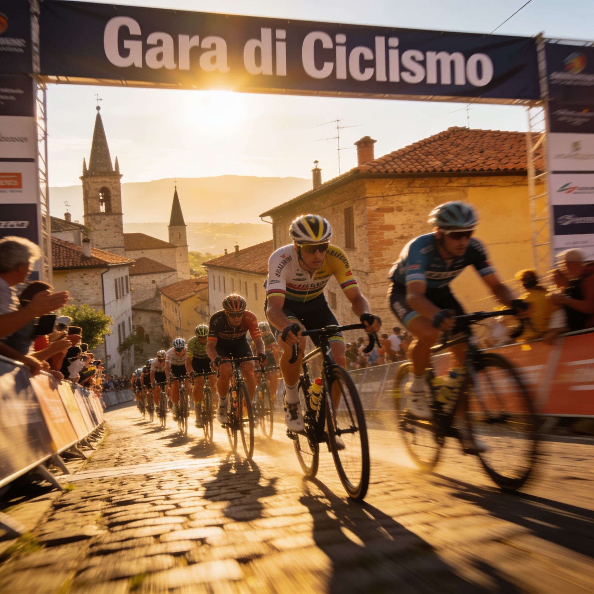 A dramatic, wide-angle photograph of the leading cyclists in a professional road race, intensely focused as they sprint towards a finish line banner in a picturesque Italian village. The scene should convey speed and the clear order of the competitors, bathed in warm afternoon sunlight.