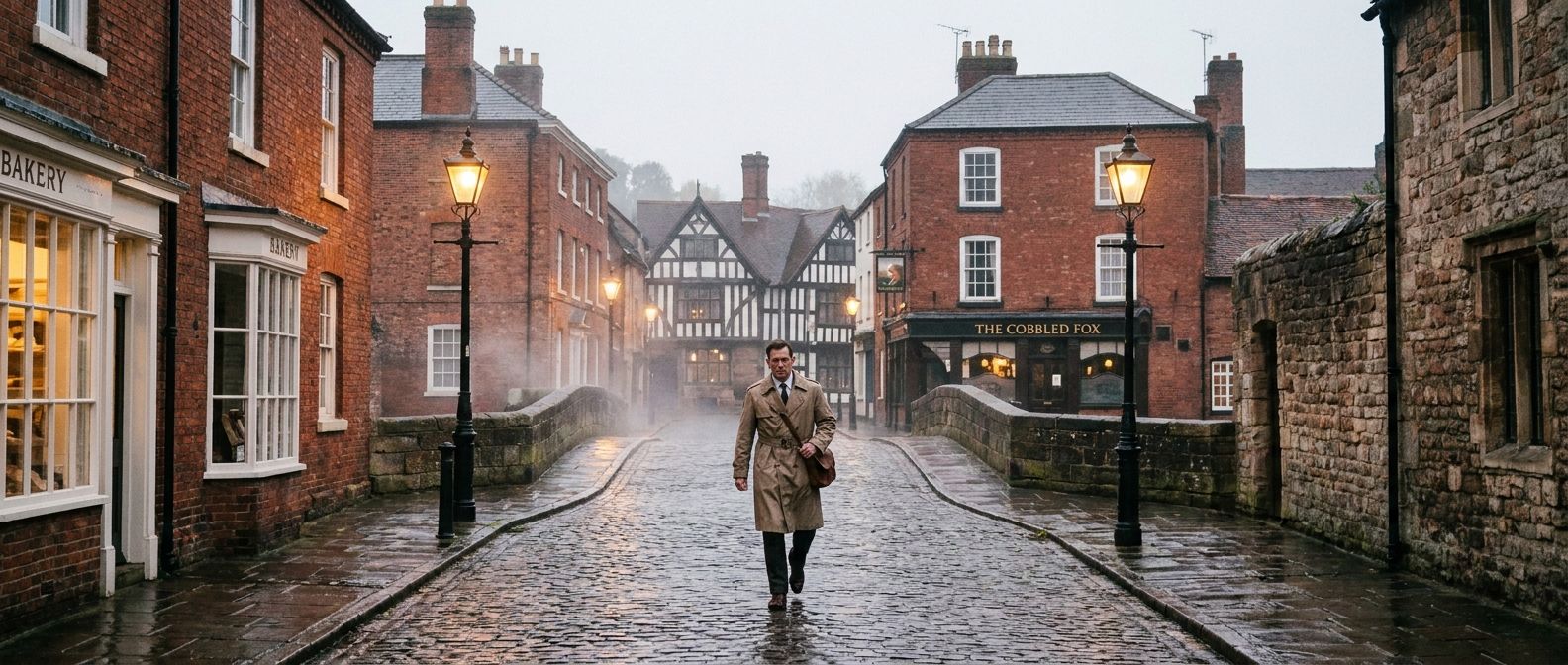A lone person walks with purpose down a wet, cobbled street in a charming British town during early morning. Soft, atmospheric light illuminates historic red-brick buildings and classic street lamps, capturing the quiet start of a daily routine in a wide, horizontal frame.