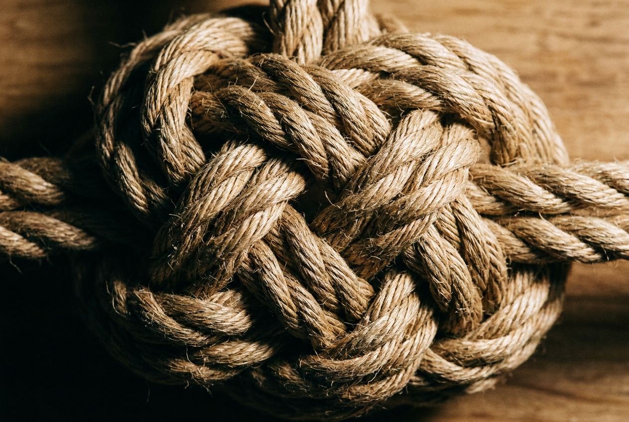 An extreme close-up of a complex, beautifully tied knot made from thick, natural rope, with intricate loops and intertwining strands filling the 3:2 frame. The scene is lit with dramatic side lighting, casting deep shadows and highlighting the tactile texture of the fibers.