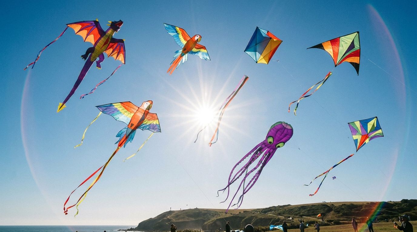 A vibrant, wide-angle photograph of seven distinct, brightly colored kites soaring high in a clear blue sky, playfully scattered across the frame, with the sun shining brightly.