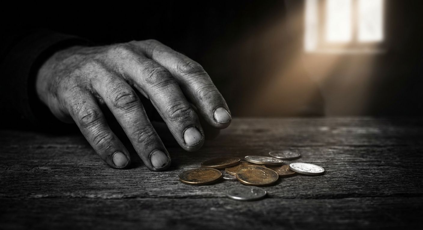 A dramatic, close-up photograph of a single hand, weathered by life, reaching towards a small, scattered pile of old, tarnished coins on a dark, rough surface. A single ray of light dramatically illuminates the coins and part of the hand, casting deep, moral shadows across the rest of the scene, suggesting temptation and difficult choices.