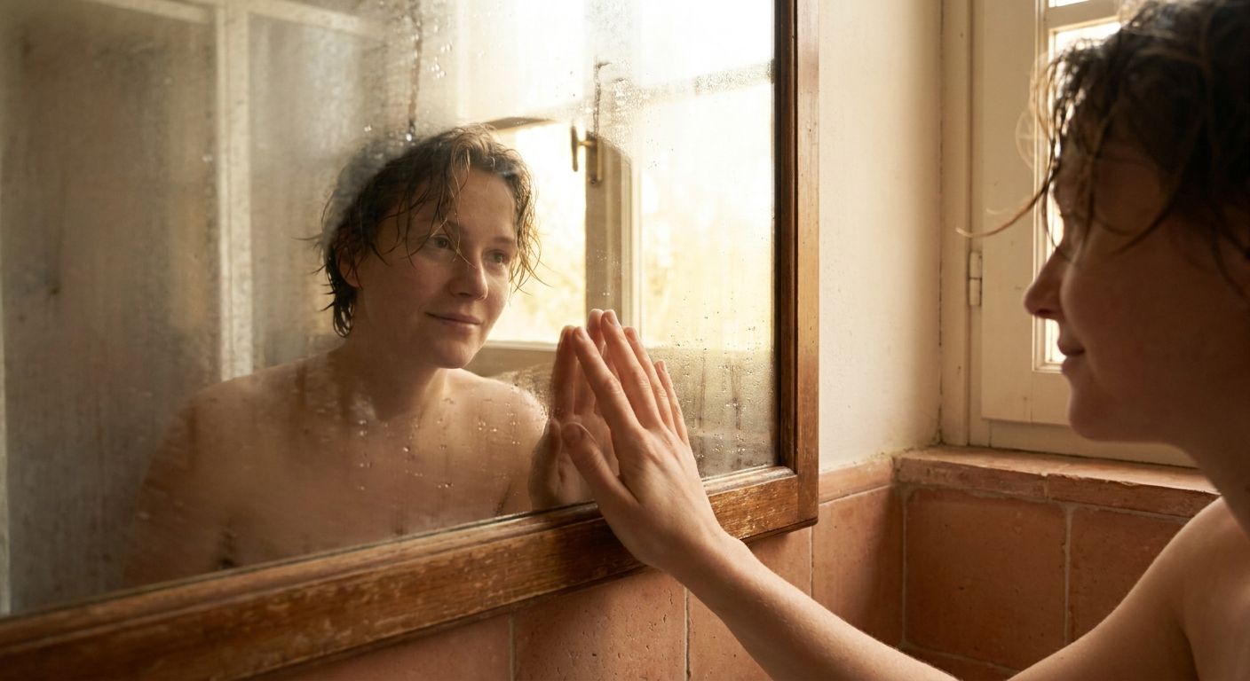 A striking, intimate close-up photograph of a person's face, with a serene expression, as they look at their own reflection in a steamy bathroom mirror after washing their face. Soft, warm morning light streams into a minimalist Italian bathroom, emphasizing a sense of self-reflection and a quiet start to the day.