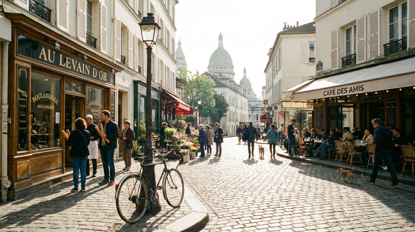 A beautiful, wide-angle photograph of a charming, bustling Parisian street scene on a sunny morning. People walk past an inviting boulangerie and a small outdoor cafe, with a classic bicycle leaning against a lamppost in the foreground, capturing the essence of movement and place in a vibrant, authentic French setting.