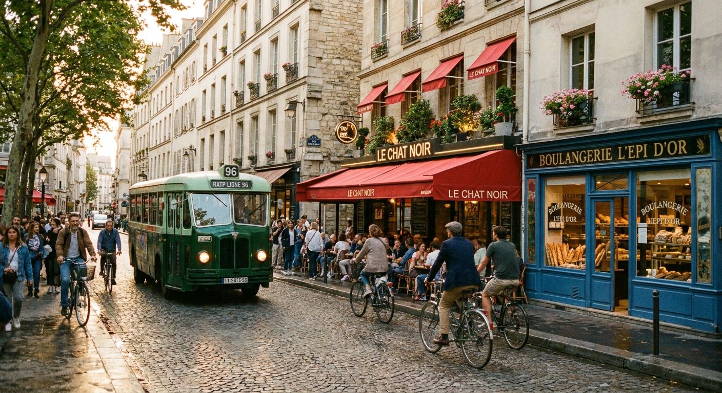 A bustling street scene in a charming French city, with a classic Parisian bus driving past a vibrant outdoor café and a traditional boulangerie, as people on bicycles navigate the cobblestone street under soft golden hour light.
