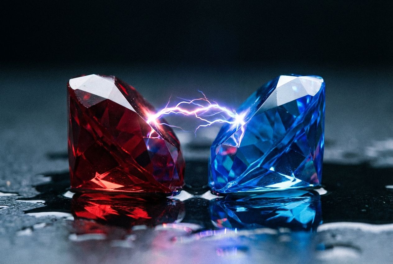 A dramatic macro photograph of two distinct, perfectly cut geometric crystals, one deep red and one electric blue, positioned closely together, almost touching. A subtle, vibrant arc of light or energy visually connects the two crystals, symbolizing strong chemical bonds and electrostatic attraction. The scene is intensely lit against a dark, reflective surface, composed for a 3:2 landscape frame.