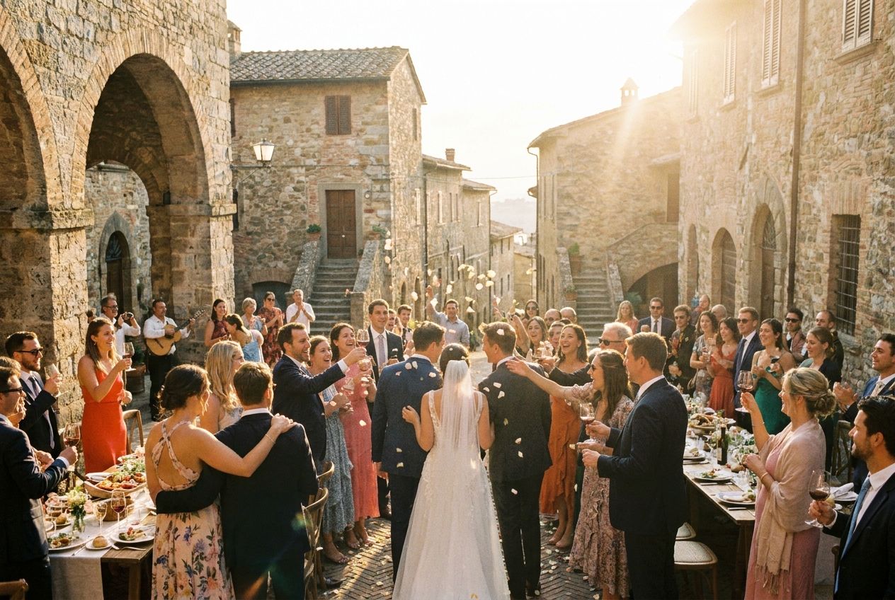 A candid photograph capturing the joy of an Italian wedding celebration, with guests laughing and toasting amidst beautiful Italian architecture, bathed in warm, golden hour light. The scene is composed for a 3:2 landscape frame.