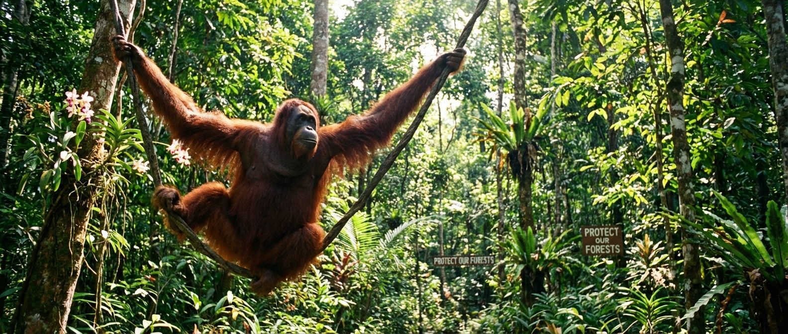 A majestic adult orangutan swings gracefully through the dense, emerald green canopy of a Malaysian tropical rainforest. Dappled sunlight filters through the lush foliage, highlighting the vibrant biodiversity and the vital importance of protecting these ecosystems in a dramatic, wide-angle wildlife photograph.