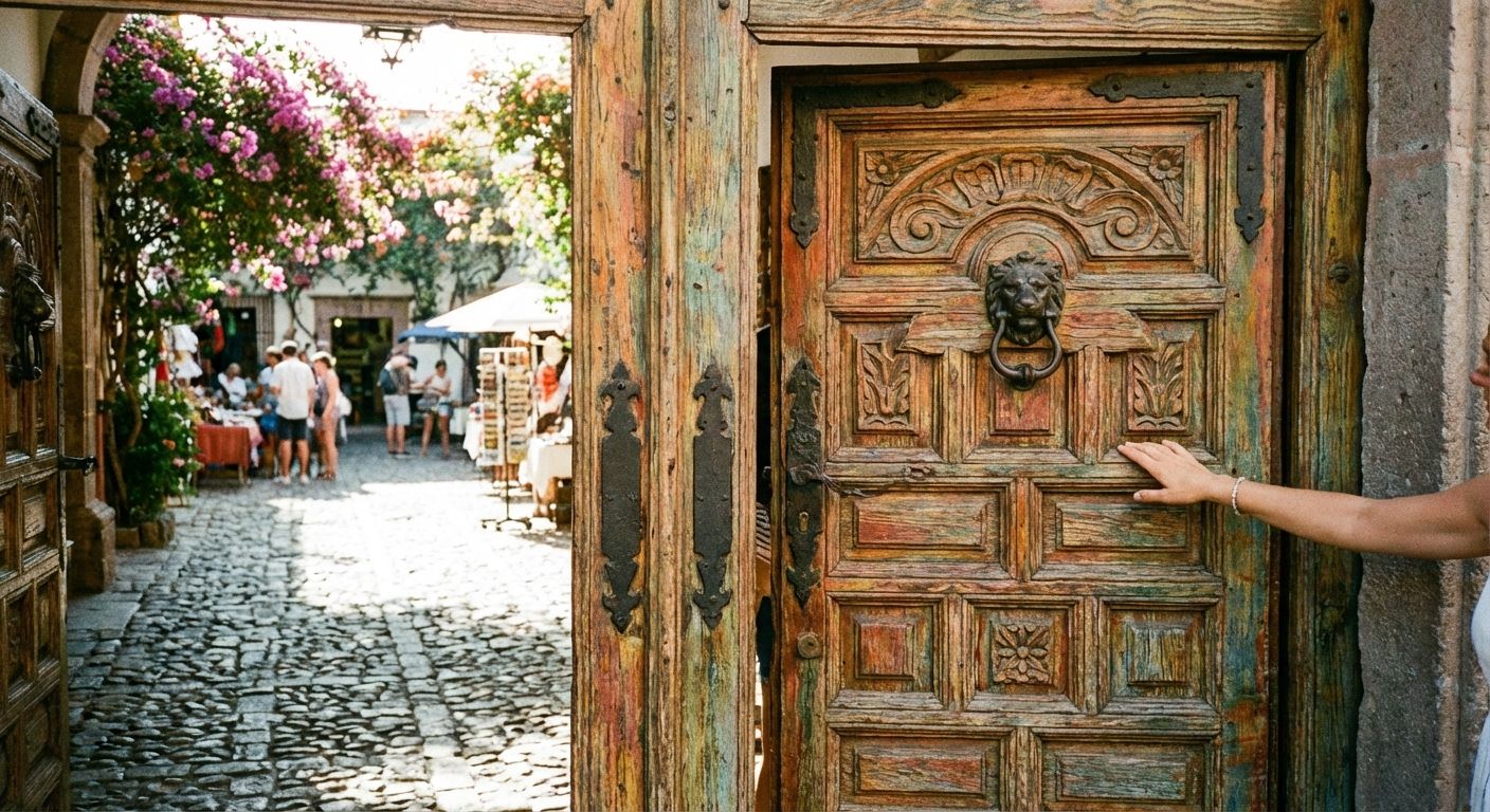 A vibrant, sun-drenched photograph of an ornate, traditional Spanish wooden door or archway in a picturesque old town, slightly ajar, revealing a glimpse of a lively, colorful courtyard or a bustling street with people beyond, inviting the viewer into the scene.