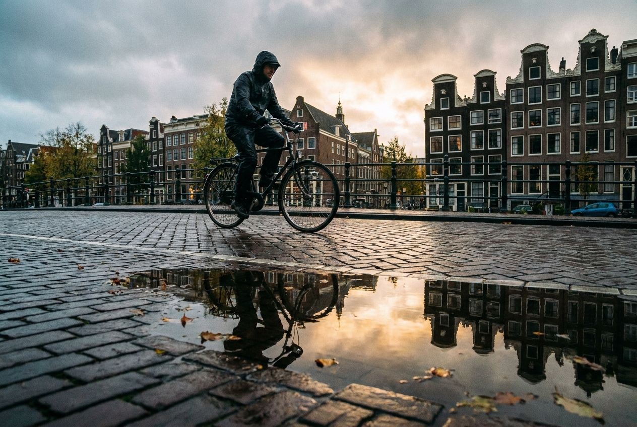 A lone person cycles purposefully on a wet cobblestone street alongside a canal in a picturesque Dutch city, with historic buildings reflecting in puddles. The sky is overcast, but light filters through, creating a moody yet determined atmosphere, captured from a slight low angle in a vivid 3:2 landscape photograph.