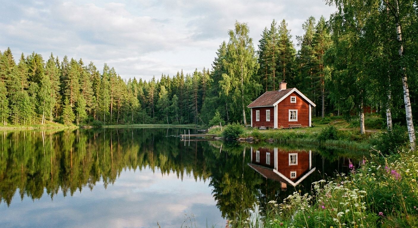 A traditional Swedish Falu red wooden cabin stands serenely on the shore of a perfectly still forest lake, its reflection mirrored flawlessly on the water's surface amidst a lush green forest. The scene is bathed in soft, natural light, capturing an iconic and tranquil Swedish landscape in a vivid photograph.