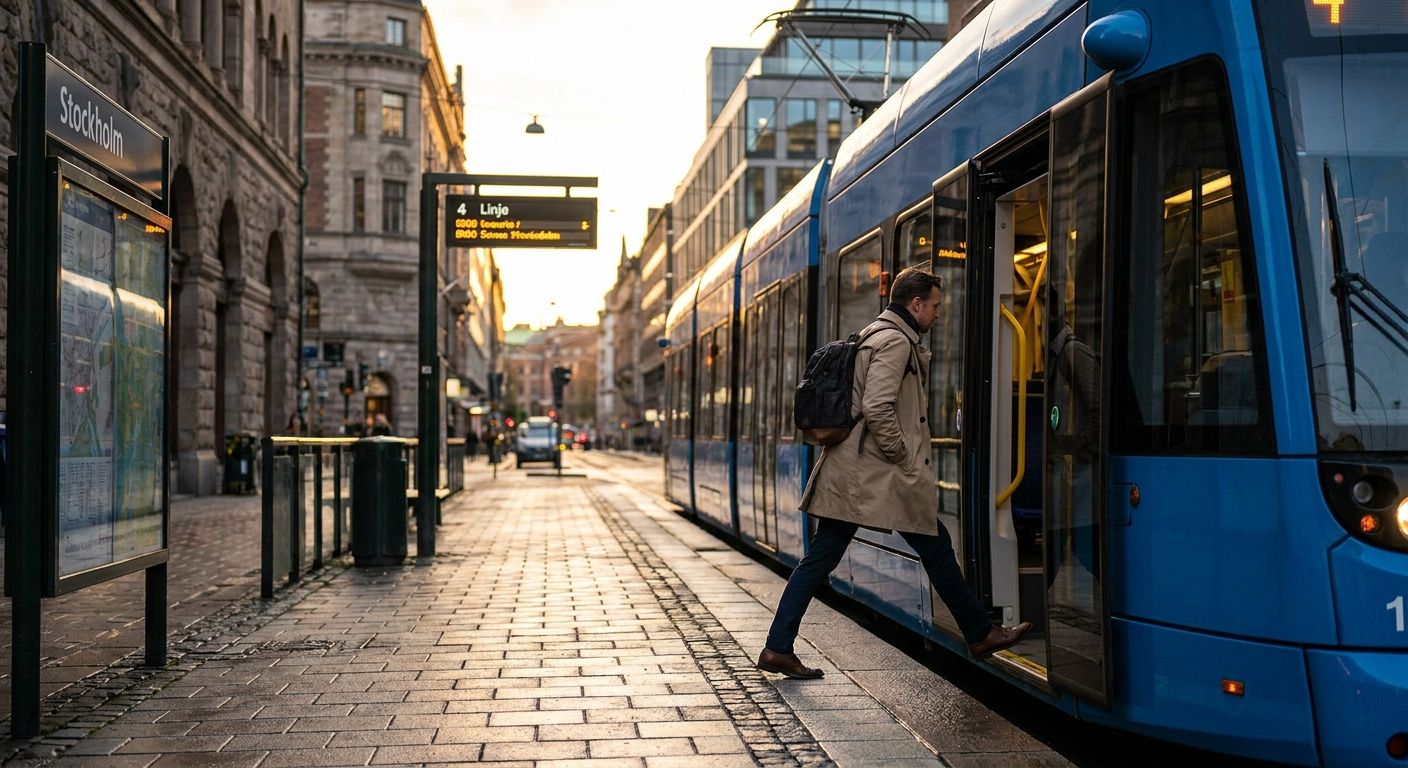 A vivid, cinematic photograph of a person in motion, stepping onto a modern tram or bus in a stylish Swedish city during the golden hour. The shot captures the dynamic action of transition, with the city's elegant architecture softly blurred in the background, emphasizing the sense of everyday movement and direction.