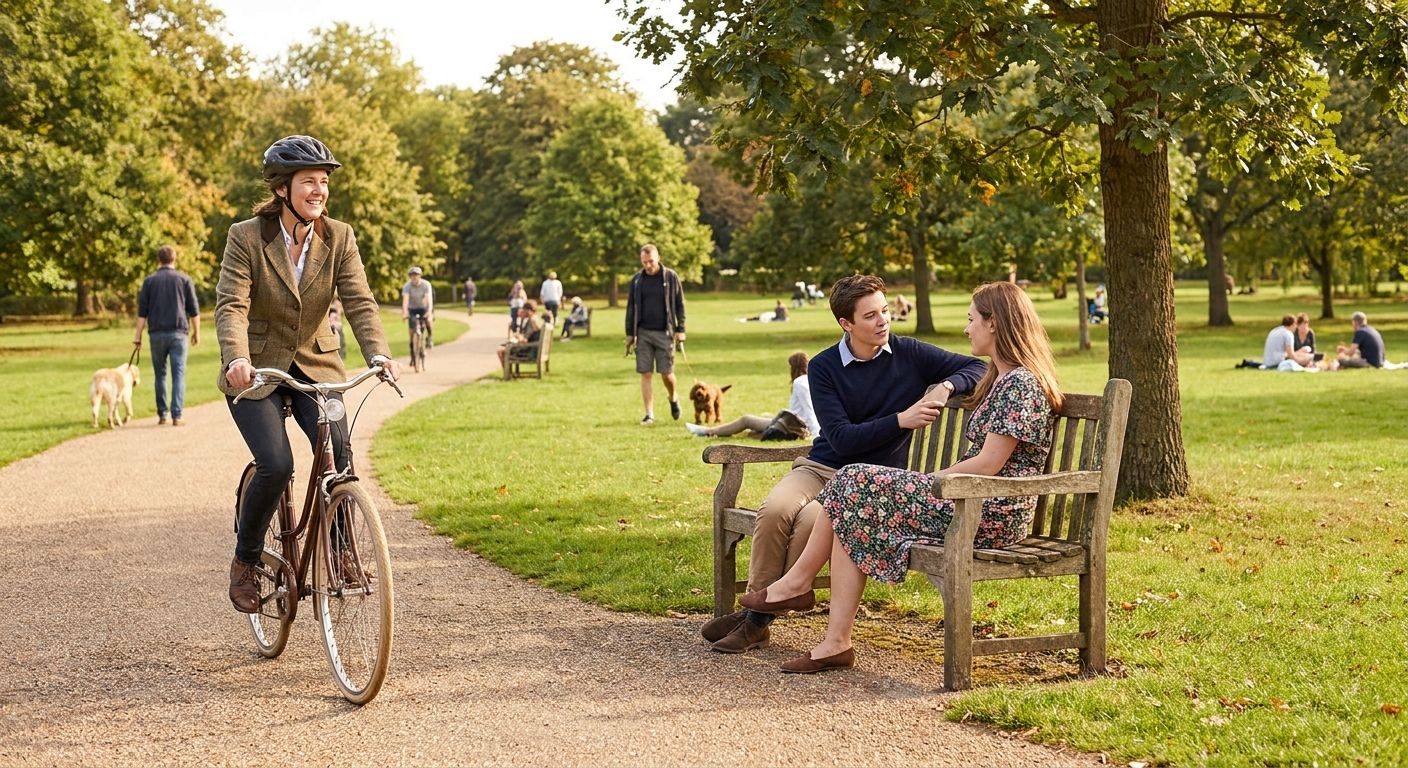 A sun-drenched, candid photograph of a vibrant British park. In the foreground, a person confidently rides a bicycle along a winding path. In the mid-ground, two friends are seated on a park bench, one person gently gesturing towards the other as if making a polite request or asking permission, with a warm, friendly expression.