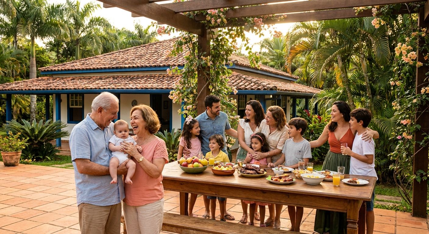 A vivid, sun-drenched photograph captures a multi-generational Brazilian family enjoying a lively gathering on a spacious outdoor patio. Grandparents, parents, and children of various ages are seen laughing and interacting warmly, with a beautiful, typical Brazilian home and lush greenery in the background, evoking themes of family, age, and shared possessions.