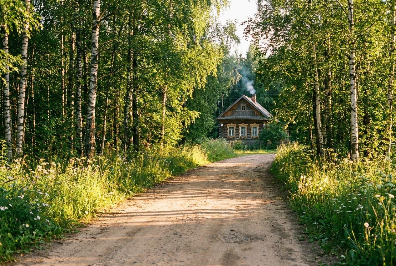 A wide, sun-drenched dirt path winding through a dense, vibrant birch forest in rural Russia, leading towards a distant, quaint wooden dacha, bathed in the soft, golden light of a late afternoon. The scene is captured from a low angle, emphasizing the journey ahead, in a 3:2 landscape photograph.