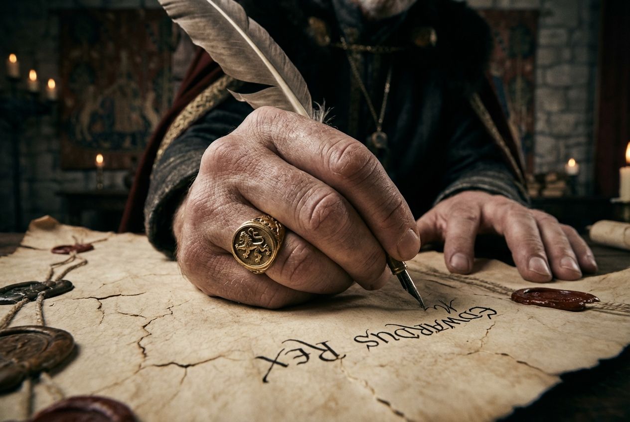 A dramatic, close-up photograph of a medieval king's hand, adorned with a signet ring, firmly pressing a quill onto a large, aged parchment scroll, hinting at a moment of reluctant agreement. The background is dimly lit, suggesting a tense, historical chamber, conveying the heavy sense of consequence for a 3:2 landscape frame.
