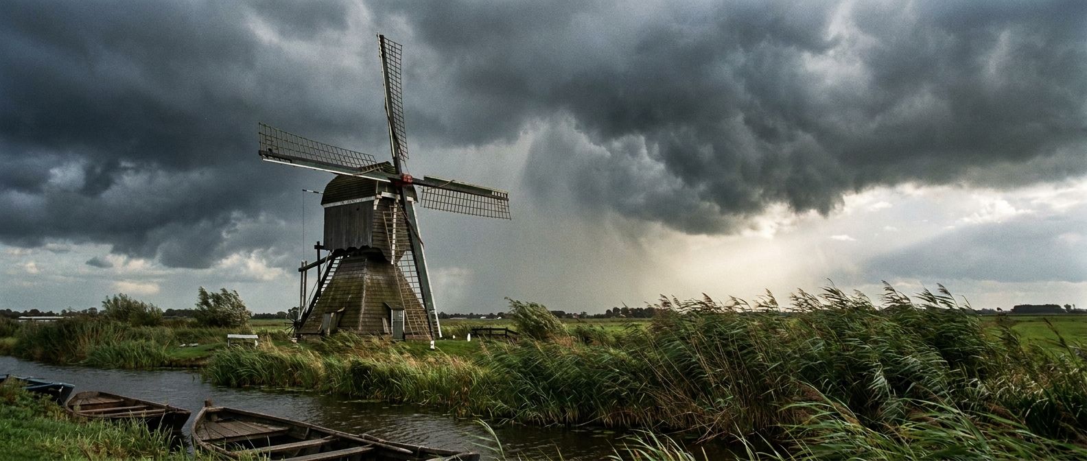 A dramatic wide-angle photograph of a traditional Dutch windmill on a flat polder landscape, with dark, stormy clouds gathering overhead and strong winds visibly bending the tall grasses. The scene is lit by a moody, natural light, capturing the raw power of Dutch weather.