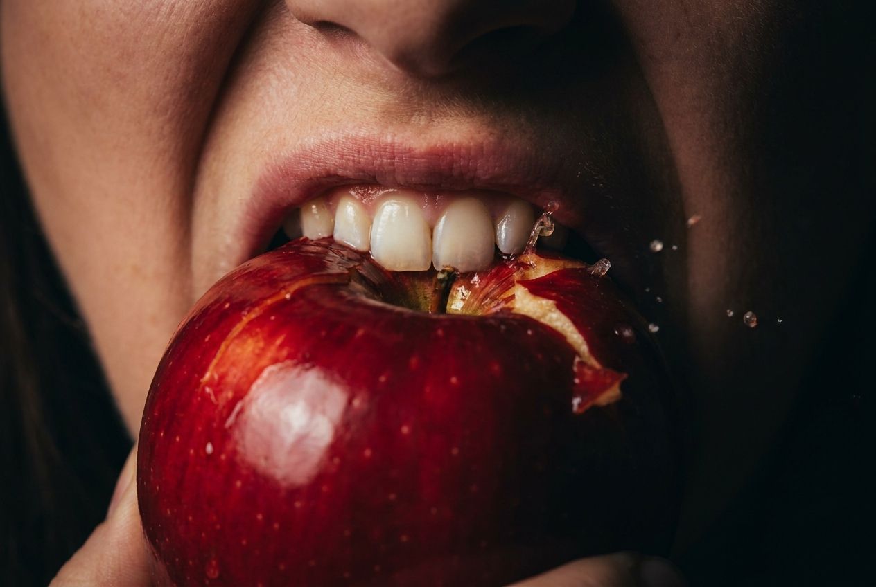 A dramatic, extreme close-up photograph captures a person's mouth biting into a vibrant, crisp red apple, showcasing the sharp incisors piercing the fruit. The image highlights the powerful initial action of physical digestion, composed for a 3:2 landscape frame.