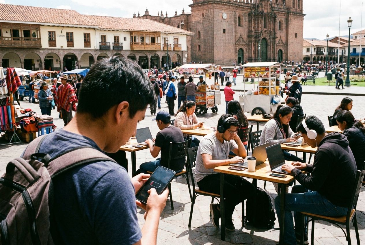 A bustling outdoor market or plaza in a vibrant Latin American city. In the foreground, a person looks anxiously at their smartphone with a low battery icon, while in the midground, other people are casually using their smartphones and laptops, some wearing headphones. Bright, natural lighting in a candid photograph, composed for a 3:2 landscape.