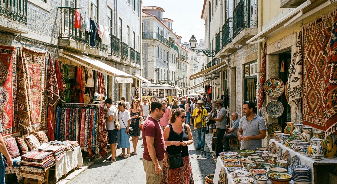 A bustling marketplace in Lisbon, Portugal, captured at midday. Vendors are selling colorful textiles and ceramics. Focus on the vibrant energy and details of the scene.