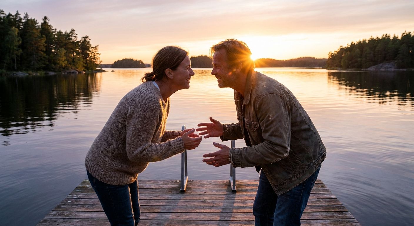 A candid photograph of two friends engaged in an animated conversation on a rustic wooden pier overlooking a serene Swedish lake at golden hour, with warm light illuminating their faces and the tranquil water, capturing a moment of shared inquiry and connection.