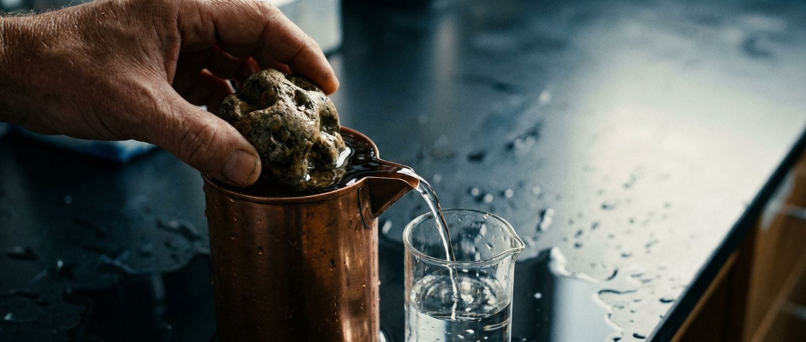 A dramatic, close-up photograph of a small, irregular stone being carefully lowered into a displacement can, filled to the brim with water, with water just beginning to overflow and trickle into a measuring cylinder placed underneath. The scene is set on a dark, reflective surface with strong, focused lighting highlighting the transparency of the water and the texture of the stone, composed for a wide, horizontal frame.