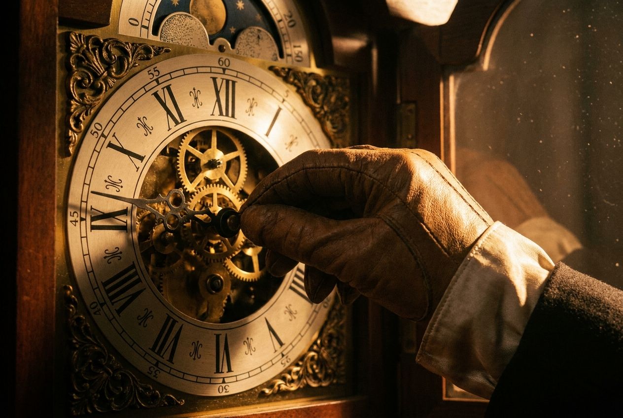A dramatic close-up photograph of an elegant, gloved hand gently turning the minute hand of a large, ornate antique grandfather clock *backwards*. The clock face, with its intricate Roman numerals and brass details, is bathed in a warm, cinematic light, creating deep shadows and highlighting the sense of time being manipulated or reset, composed for a 3:2 landscape frame.