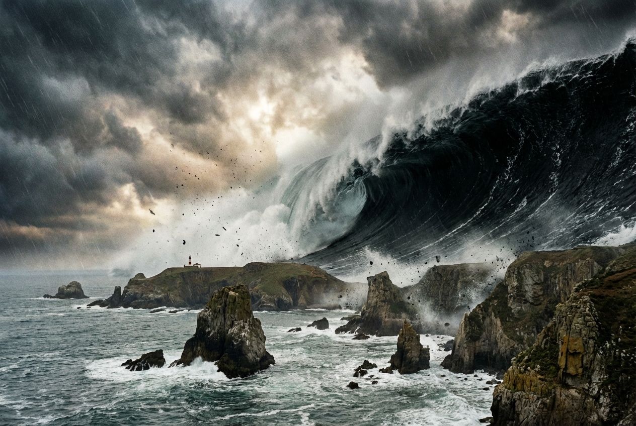 A powerful, dark tsunami wave dramatically crests as it approaches a rugged, rocky Chilean coastline under a turbulent sky. The scene is captured in a wide-angle, cinematic photograph, emphasizing the raw, immense power of nature in a 3:2 landscape frame.