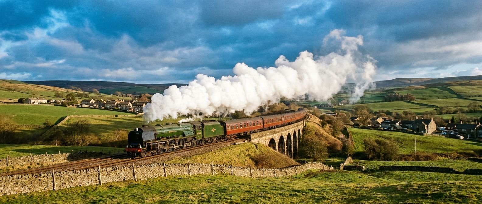 A dramatic, wide-angle photograph of a vintage British steam train, its long trail of white smoke against a vibrant blue sky, as it majestically winds through a picturesque, rolling green landscape in the British countryside, conveying a sense of a long journey through time.