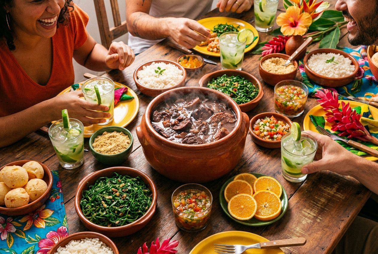 A vibrant, top-down photograph of a lively Brazilian table laden with a steaming pot of feijoada, fresh caipirinhas garnished with lime, and an assortment of colorful side dishes, suggesting a joyful gathering. The scene is bathed in warm, inviting light, captured in a 3:2 landscape format.