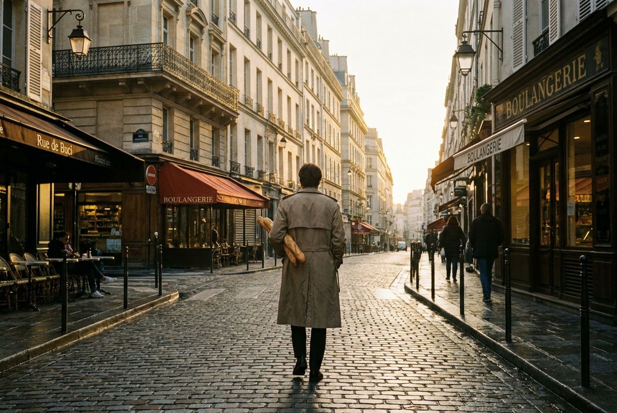 A cinematic photograph capturing a person walking down a charming Parisian street in the soft, golden light of early morning, a freshly baked baguette tucked under their arm. The scene, with classic Haussmann buildings in the background, evokes the peaceful start of a new day and a quintessential French daily routine, composed for a 3:2 landscape frame.
