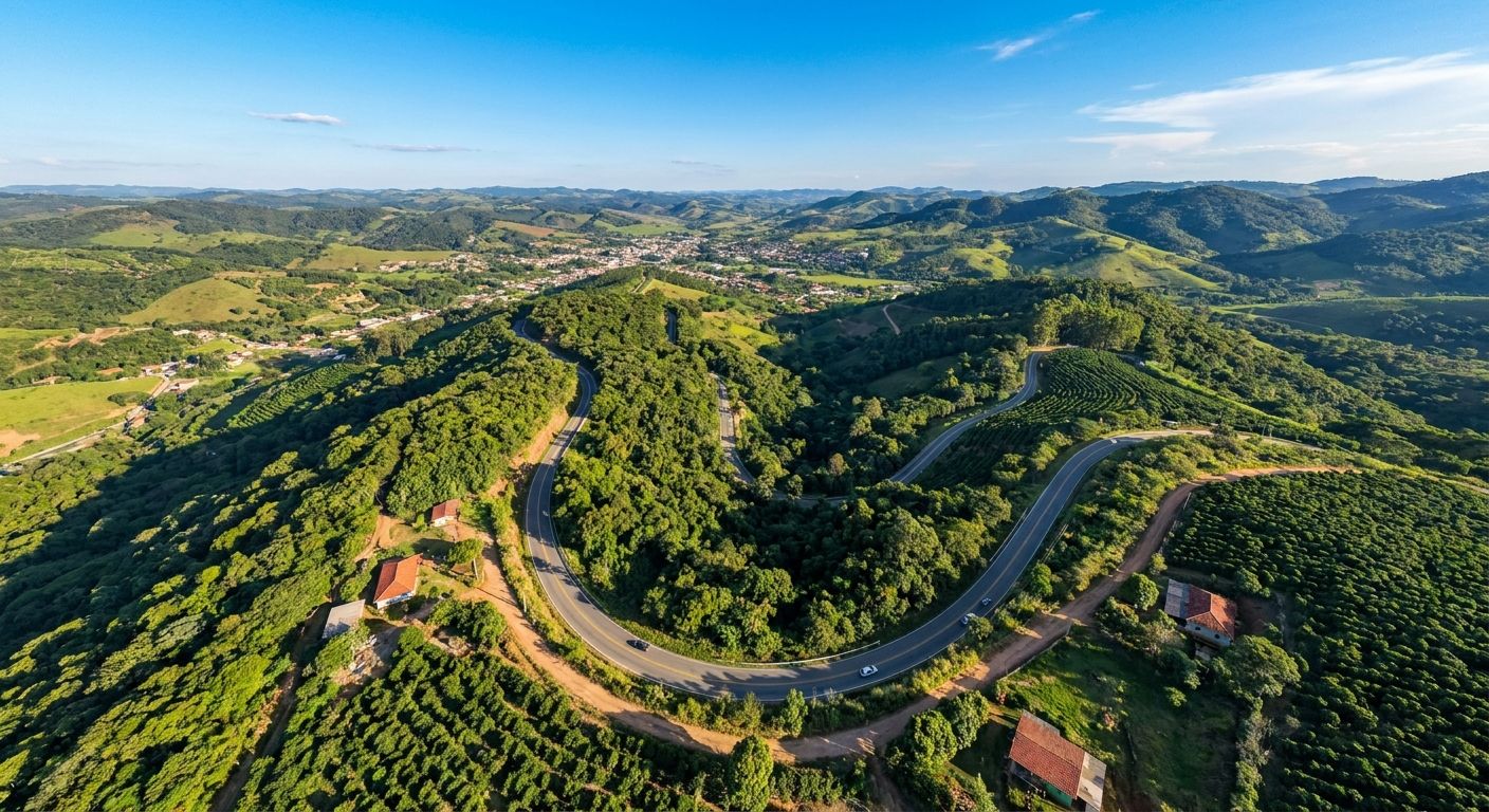 A dramatic aerial photograph captures a winding, picturesque road cutting through a lush, vibrant green Brazilian landscape under clear blue skies. The road flows and connects different parts of the scenery, suggesting cause and consequence, while its curves and turns imply shifts or contrasts in direction.