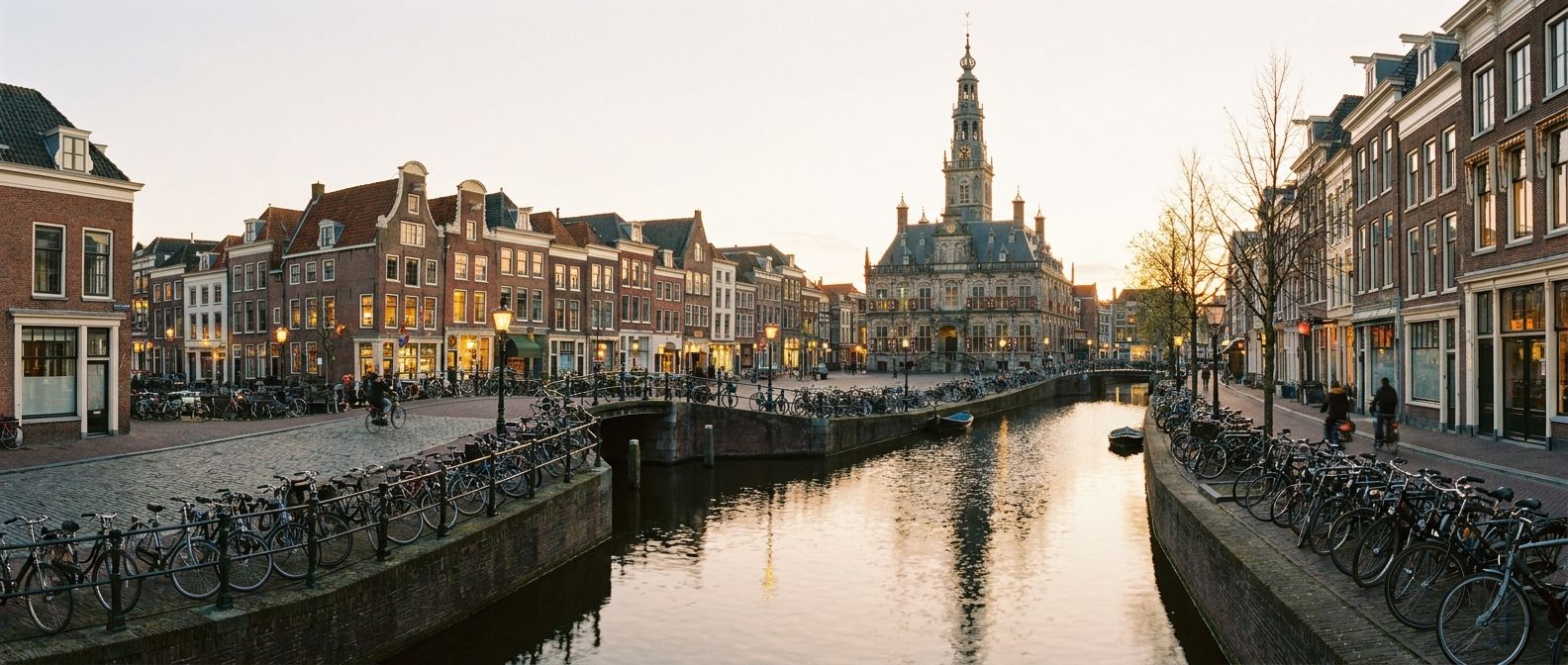 A vibrant, wide-angle photograph of a picturesque Dutch canal scene, showcasing historic gabled houses, neatly parked bicycles, and a majestic town hall building in the background, all bathed in warm, soft light. The streets and canal banks are impeccably clean, reflecting the civic pride and order.