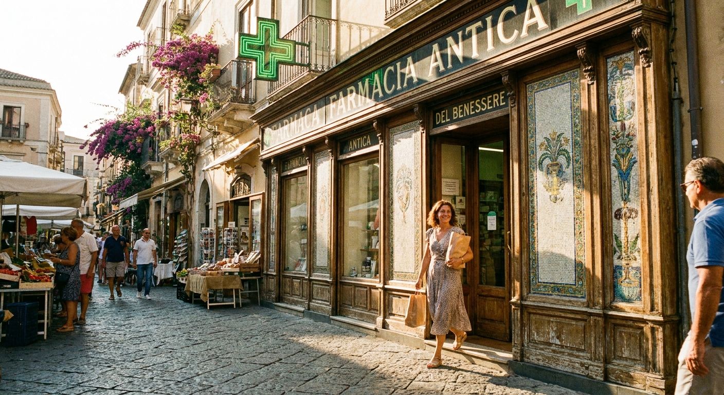 A vibrant, sun-drenched street scene in a picturesque Italian town, focusing on the ornate facade of a traditional 'Farmacia' with its distinctive green cross. A local person is gracefully exiting the pharmacy, bathed in warm light, suggesting daily well-being and vitality.