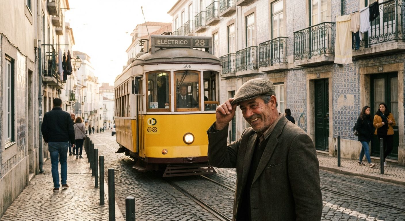 A cobblestone street in Lisbon, Portugal, with a classic yellow tram passing by. A local man in a flat cap tips his hat with a warm smile. Soft, diffused sunlight bathes the scene.