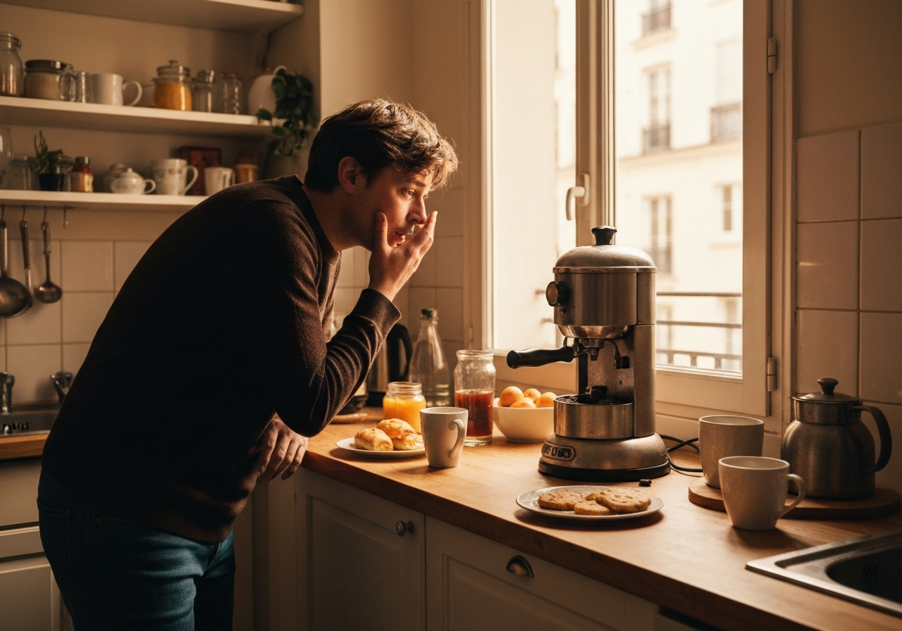 A candid, wide-angle photograph capturing a person, slightly flustered, looking at a vintage French coffee machine that is clearly broken down on a cluttered but charming kitchen counter in a Parisian apartment. Warm early morning light streams through a window, highlighting scattered breakfast items and a subtle sense of daily routine disrupted by a small problem, composed for a 3:2 landscape frame.